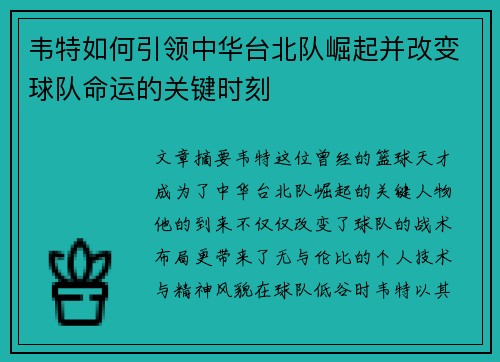 韦特如何引领中华台北队崛起并改变球队命运的关键时刻
